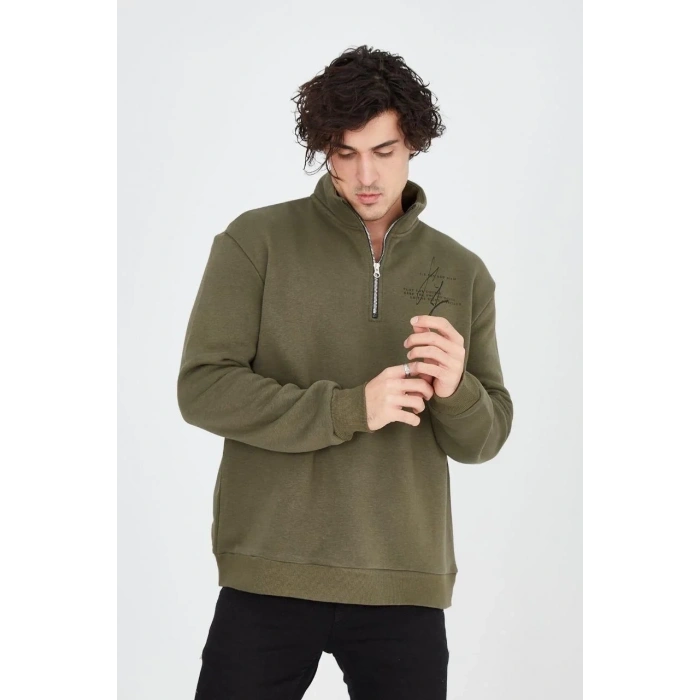 Erkek Yarım Fermuarlı Baskılı 3 iplik pamuklu sweatshirt - Yeşil