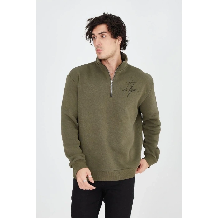 Erkek Yarım Fermuarlı Baskılı 3 iplik pamuklu sweatshirt - Yeşil