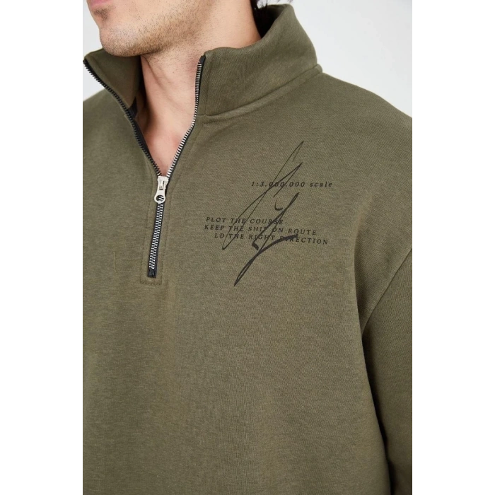 Erkek Yarım Fermuarlı Baskılı 3 iplik pamuklu sweatshirt - Yeşil