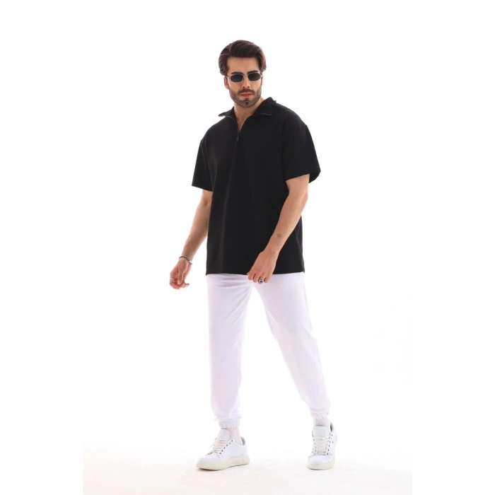 Erkek Yarım Fermuarlı Düz Oversize T-shirt - Siyah