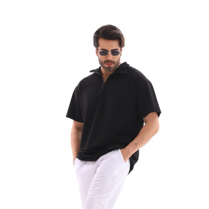 Erkek Yarım Fermuarlı Düz Oversize T-shirt - Siyah