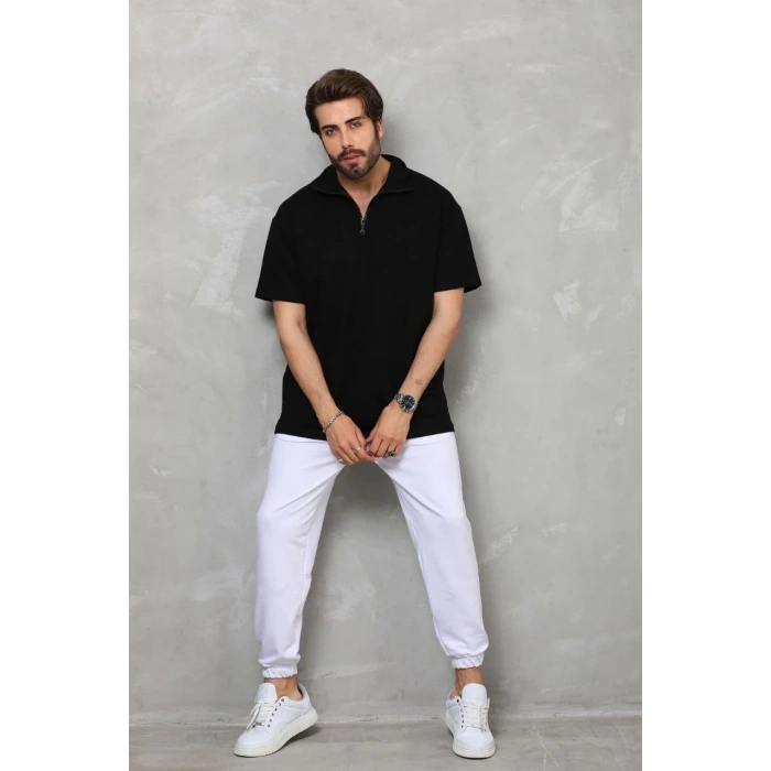 Erkek Yarım Fermuarlı Düz Oversize T-shirt - Siyah