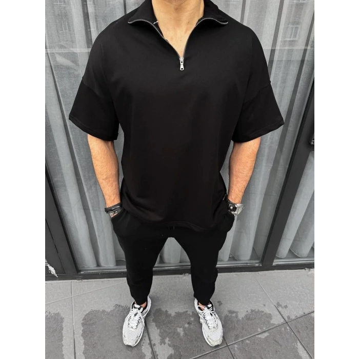 Erkek Yarım Fermuarlı Kısa kol T-Shirt - Siyah