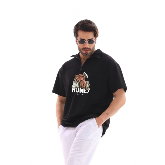 Erkek Yarım Fermuarlı Oversize Baskılı T-Shirt - Siyah