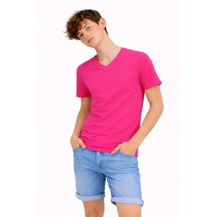 Genç Erkek Çocuk V Yaka Tişört Model - Pembe
