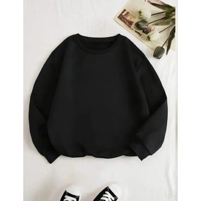 Kadın 3 İplik Pamuklu Bisikilet Yaka SweatShirt - Siyah