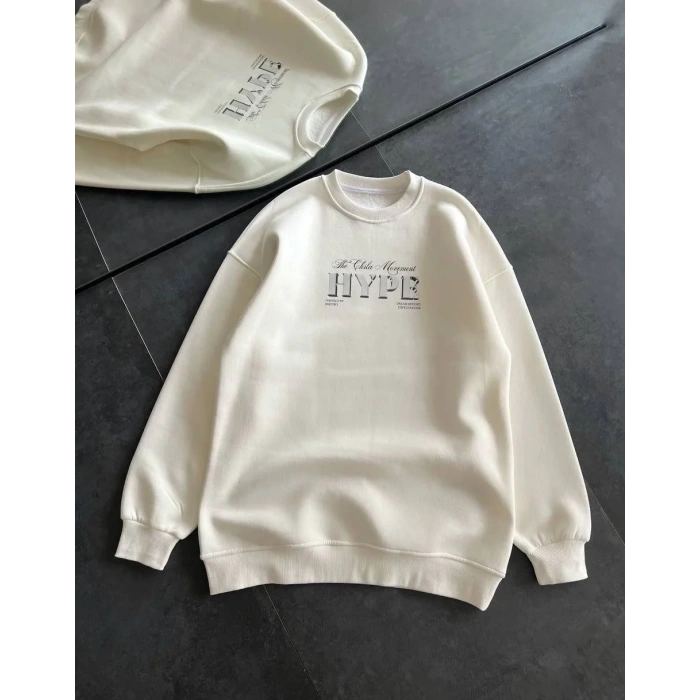 Kadın 3 İplik Pamuklu Bisiklet Yaka Baskılı SweatShirt - Beyaz