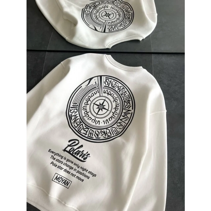 Kadın 3 iplik Pamuklu Bisiklet Yaka Baskılı SweatShirt - Beyaz