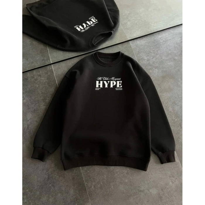 Kadın 3 İplik Pamuklu Bisiklet Yaka Baskılı SweatShirt - Siyah