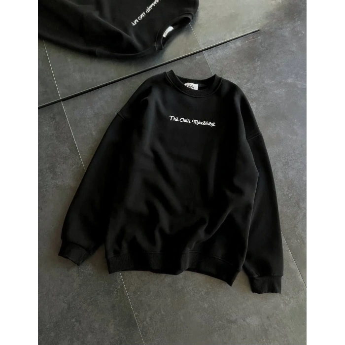 Kadın 3 İplik Pamuklu Bisiklet Yaka Baskılı SweatShirt - Siyah