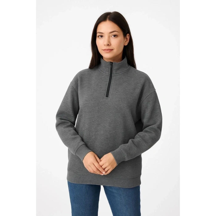 Kadın 3 İplik Pamuklu Dık Yaka Yarım Fermuarlı SweatShirt - Antrasit