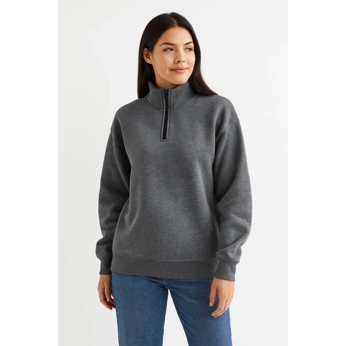 Kadın 3 İplik Pamuklu Dık Yaka Yarım Fermuarlı SweatShirt - Antrasit
