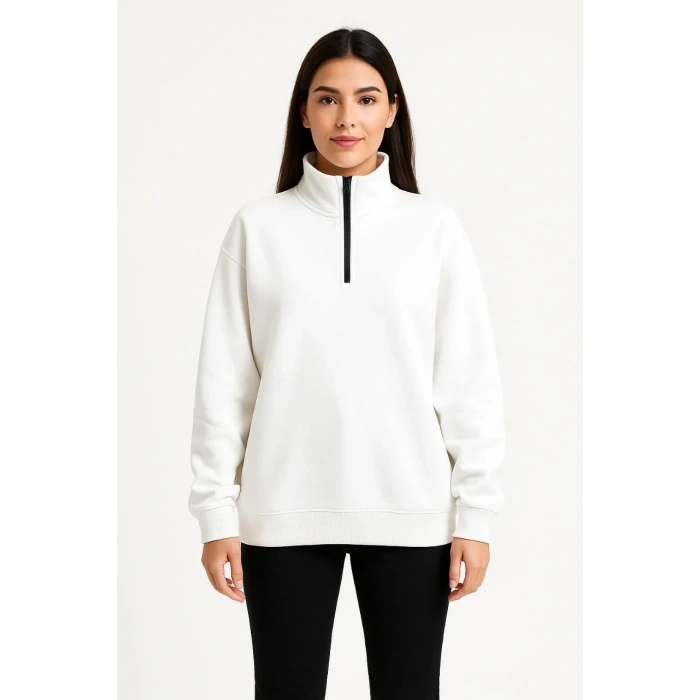 Kadın 3 İplik Pamuklu Dık Yaka Yarım Fermuarlı SweatShirt - Beyaz