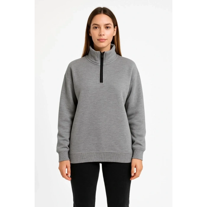 Kadın 3 İplik Pamuklu Dık Yaka Yarım Fermuarlı SweatShirt - Gri