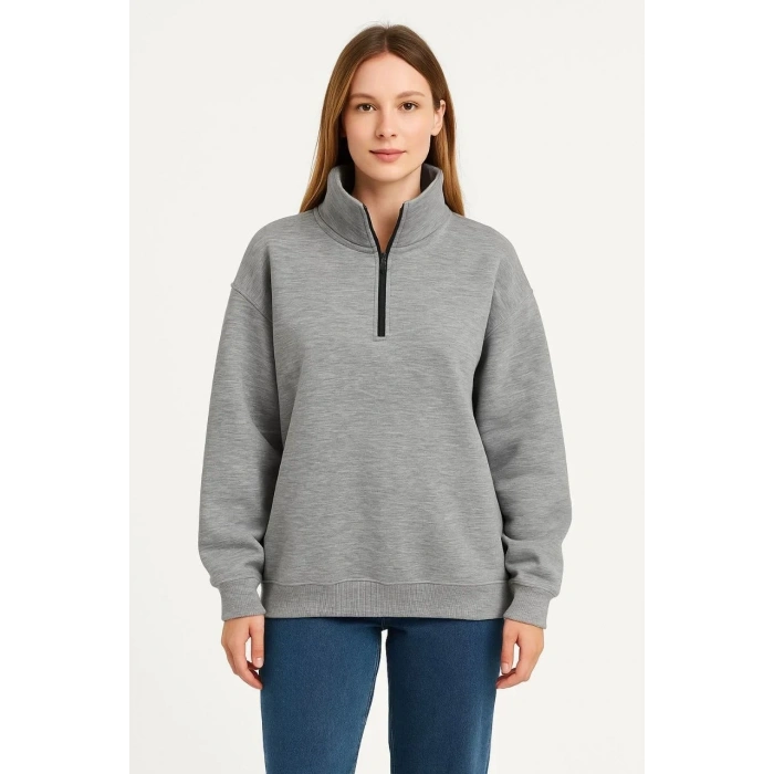 Kadın 3 İplik Pamuklu Dık Yaka Yarım Fermuarlı SweatShirt - Gri