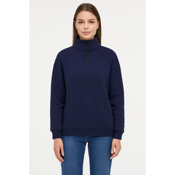 Kadın 3 İplik Pamuklu Dık Yaka Yarım Fermuarlı SweatShirt - Lacivert