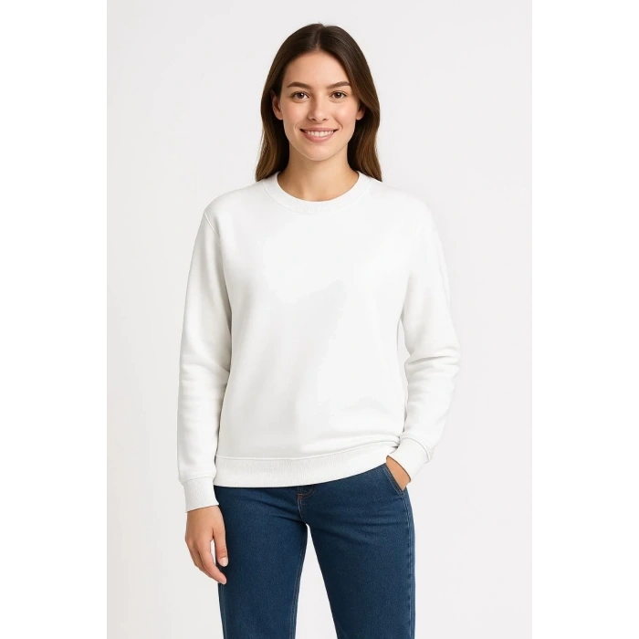Kadın 3 İplik Pamuklu Düz Bisiklet Yaka SweatShirt - Beyaz