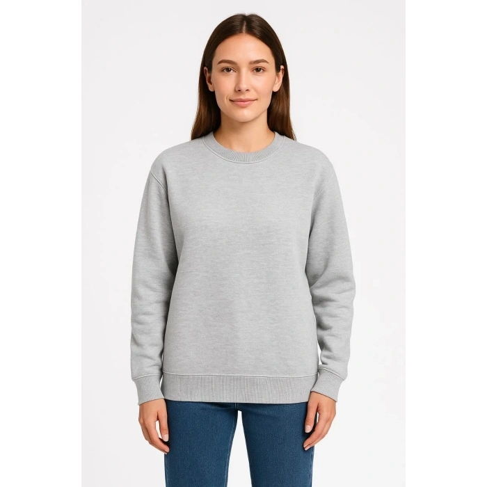 Kadın 3 İplik Pamuklu Düz Bisiklet Yaka SweatShirt - Gri