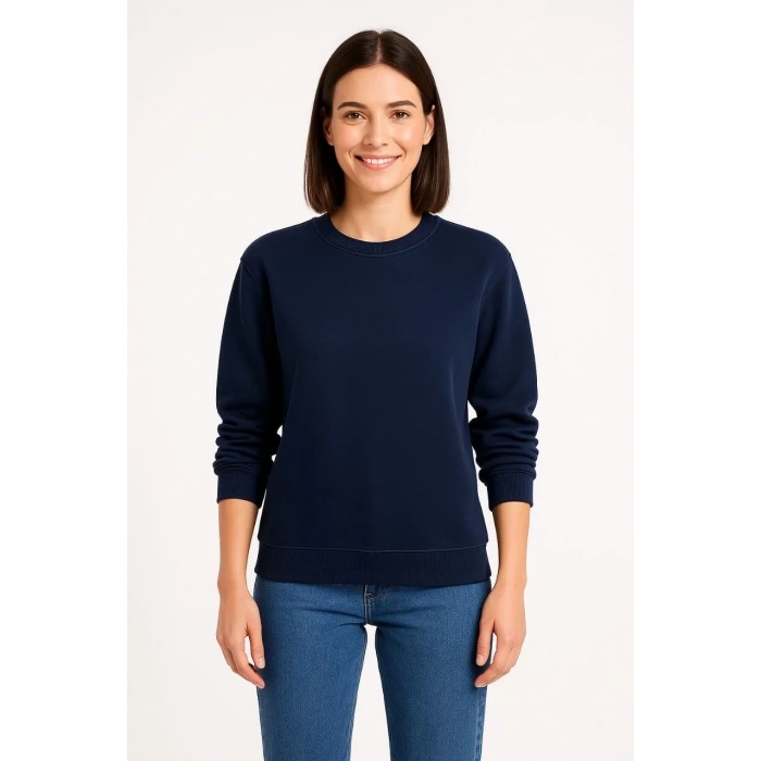 Kadın 3 İplik Pamuklu Düz Bisiklet Yaka SweatShirt - Lacivert