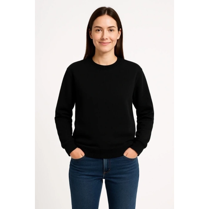 Kadın 3 İplik Pamuklu Düz Bisiklet Yaka SweatShirt - Siyah