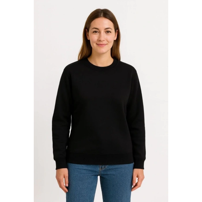 Kadın 3 İplik Pamuklu Düz Bisiklet Yaka SweatShirt - Siyah