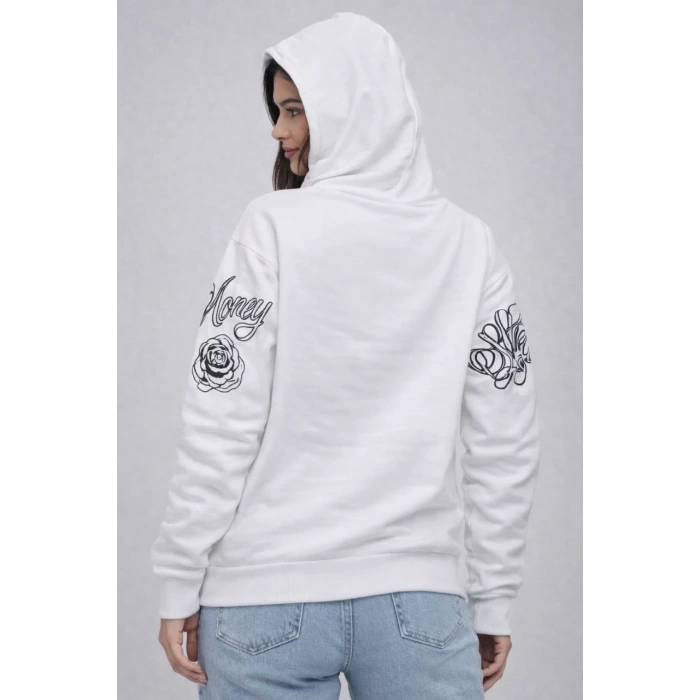 Kadın 3 İplik Pamuklu Kapüşonlu Baskılı SweatShirt hoodie - Beyaz