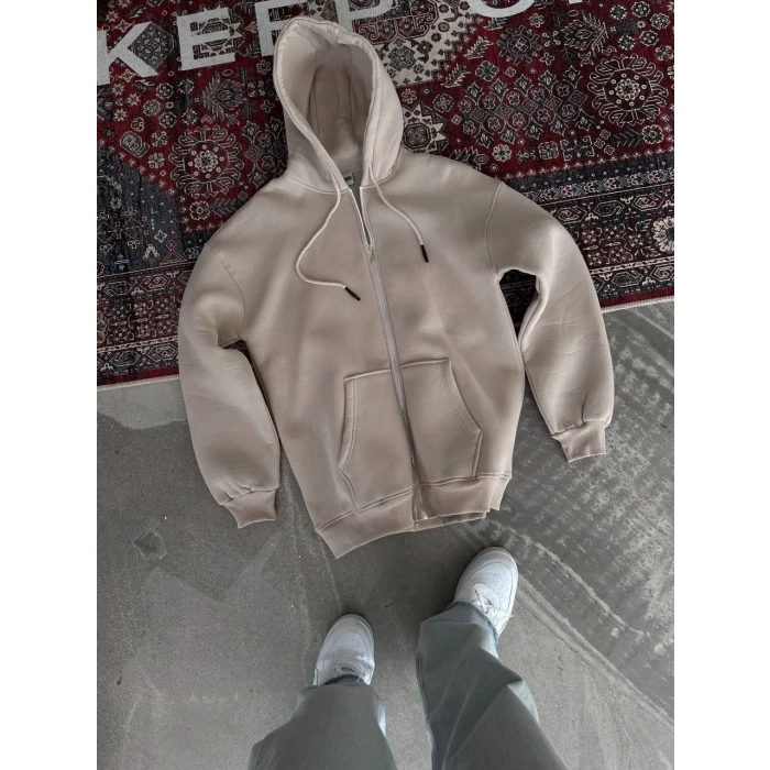 Kadın 3 İplik Pamuklu Kapüşonlu Kanguru Cepli Baskılı Oversize Hoodie Sweatshirt - Bej