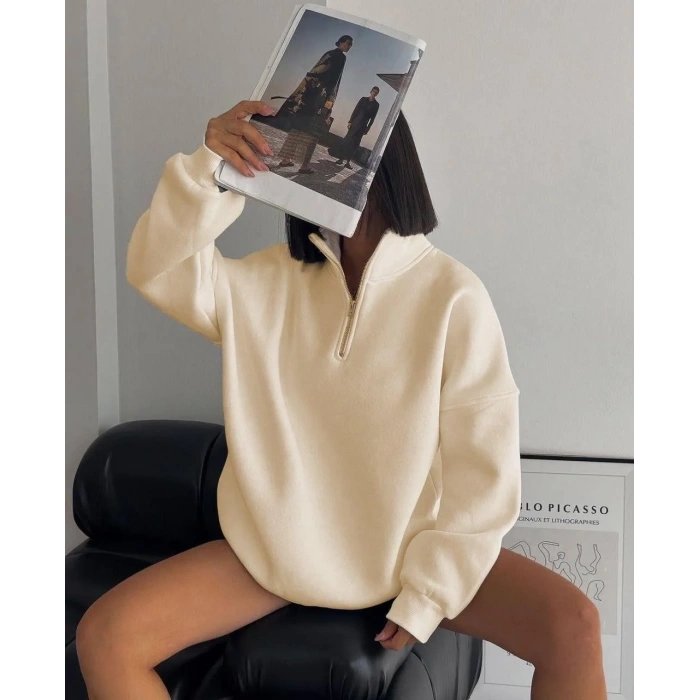 Kadın 3 İplik Pamuklu Oversize Yarım Fermuarlı Yakalı Basic Sweatshirt - Bej