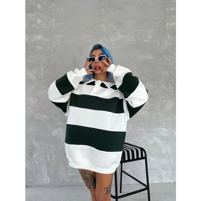 Kadın 3 iplik Pamuklu Parçalı Yakalı SweatShirt - Yeşil