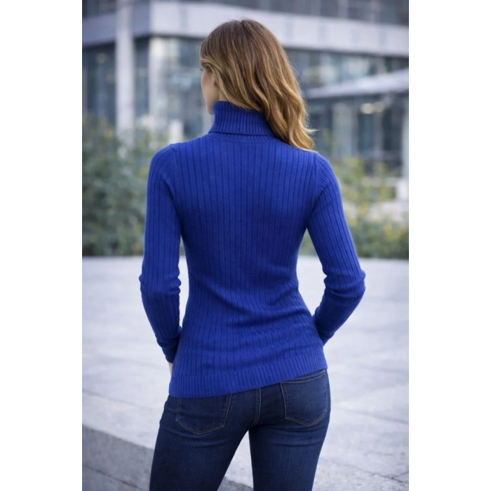 Kadın Balıkçı Yaka Boğazlı Triko Kazak Kalın Fitilli Regular Fit - İndigo