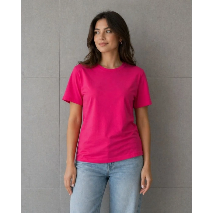 Kadın Basic Pamuklu Tişört Bisiklet Yaka Düz Renk Relaxed Fit T-Shirt - Fuşya