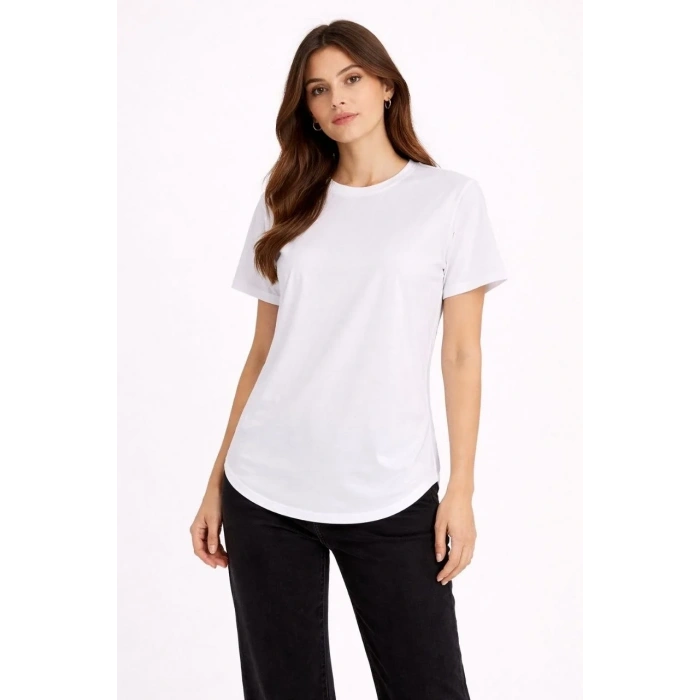 Kadın Basic T-Shirt Kısa Kol Bisiklet Yaka Oval Kesim Tişört - Beyaz