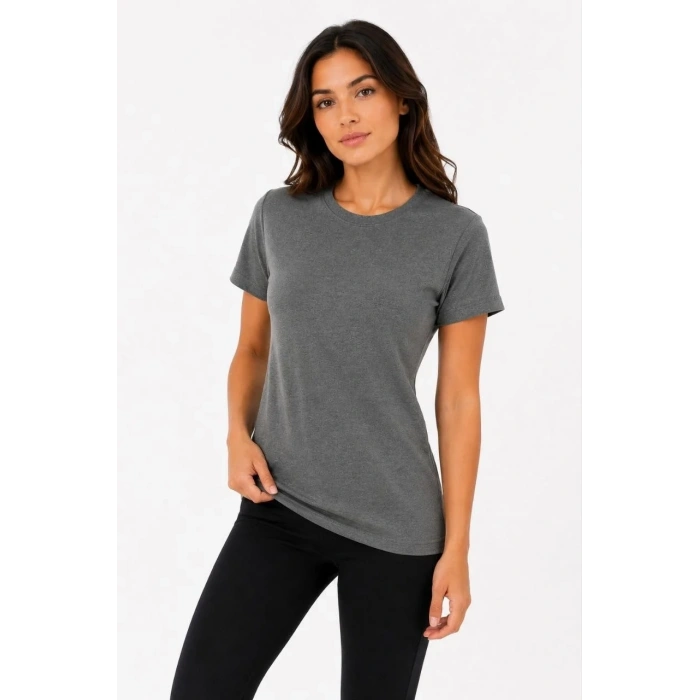 Kadın Basic Tişört Bisiklet Yaka Kısa Kol Günlük Yazlık Slim fit T-Shirt - Antrasit