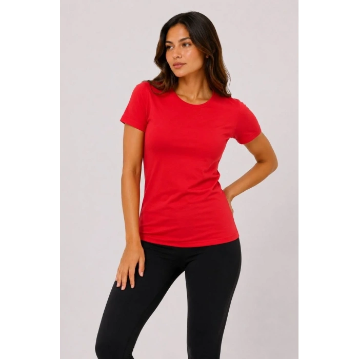 Kadın Basic Tişört Bisiklet Yaka Kısa Kol Günlük Yazlık Slim fit T-Shirt - Kırmızı