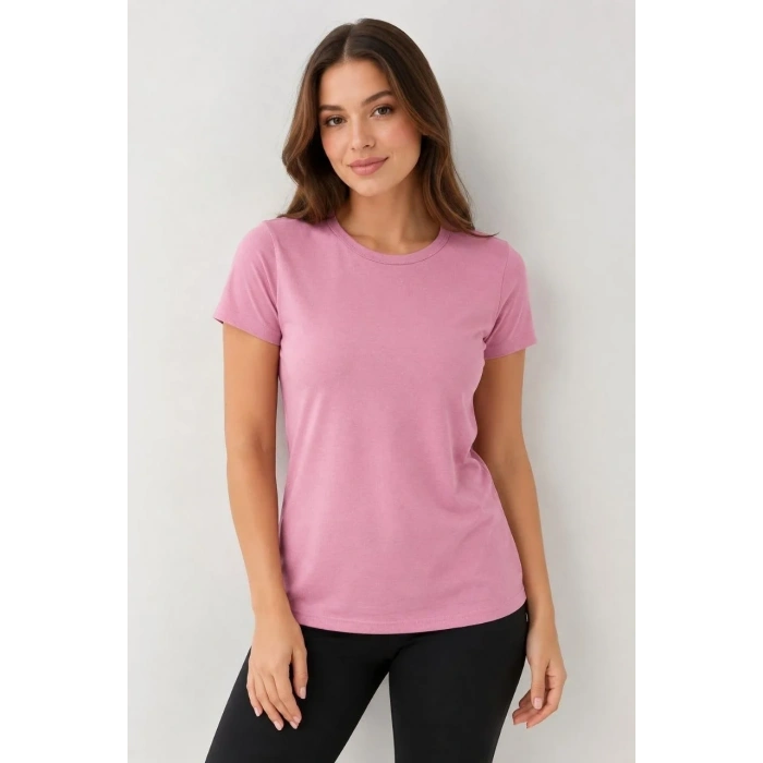 Kadın Basic Tişört Bisiklet Yaka Kısa Kol Günlük Yazlık Slim fit T-Shirt - Pembe