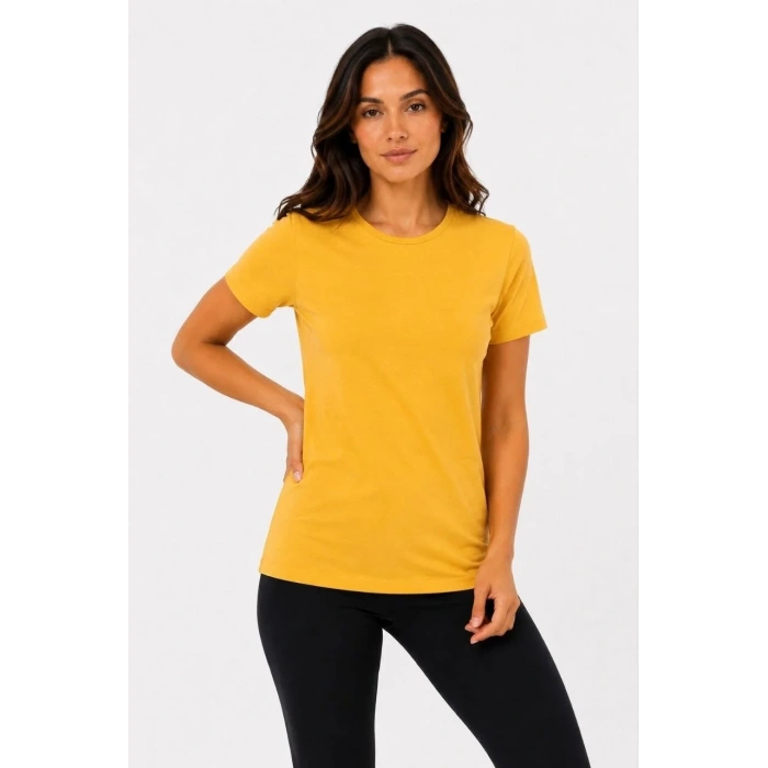 Kadın Basic Tişört Bisiklet Yaka Kısa Kol Günlük Yazlık Slim fit T-Shirt - Sarı