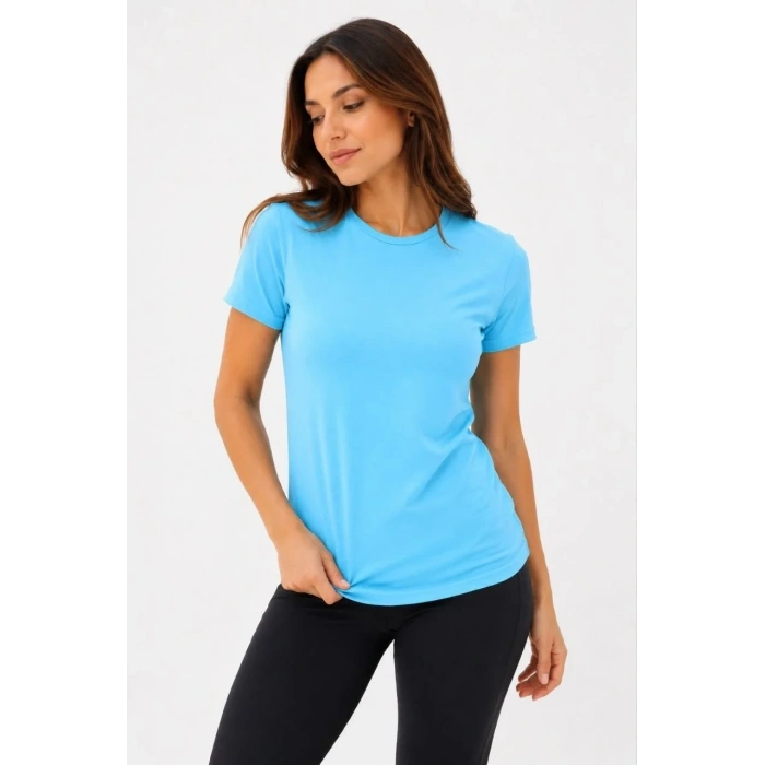 Kadın Basic Tişört Bisiklet Yaka Kısa Kol Günlük Yazlık Slim fit T-Shirt - Turkuaz