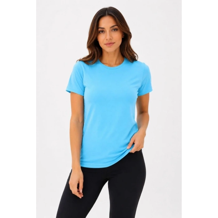 Kadın Basic Tişört Bisiklet Yaka Kısa Kol Günlük Yazlık Slim fit T-Shirt - Turkuaz