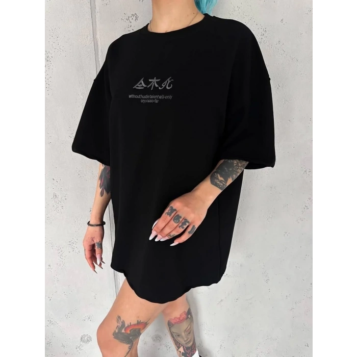 Kadın Baskılı kısa kol Oversize T-Shirt - Siyah
