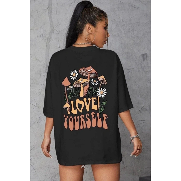 Kadın Baskılı Oversize kısa kol T-Shirt - Siyah