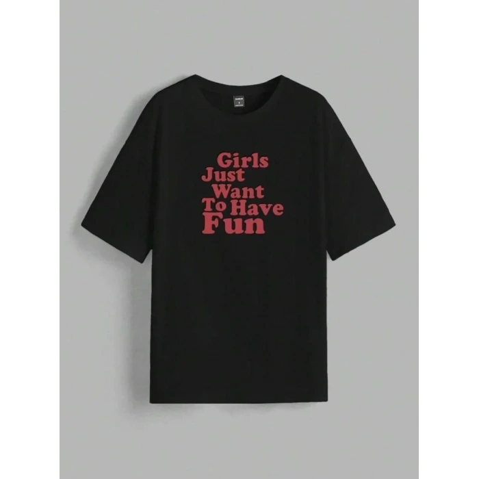 Kadın Baskılı Oversize Kısa kol T-shirt - Siyah