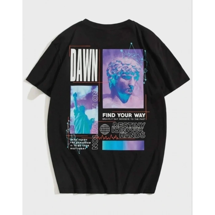 Kadın Baskılı T-Shirt Kısa Kol Bisiklet Yaka Oversize Rahat Kalıp Tişört - Siyah