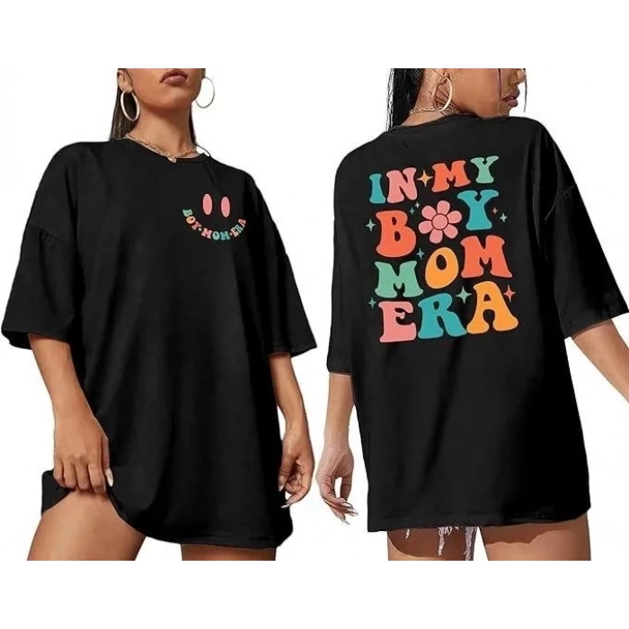 Kadın Baskılı T-Shirt Kısa Kol Bisiklet Yaka Oversize Rahat Kalıp Tişört - Siyah