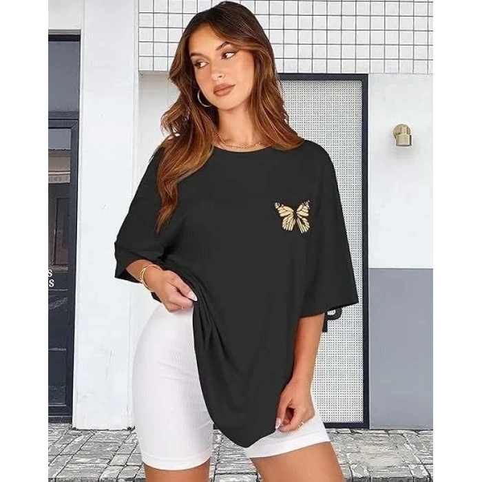 Kadın Baskılı T-Shirt Kısa Kol Bisiklet Yaka Oversize Rahat Kalıp Tişört - Siyah