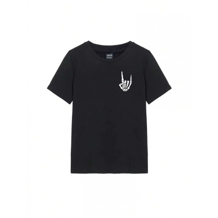 Kadın Baskılı T-Shirt Kısa Kol Bisiklet Yaka Oversize Rahat Kalıp Tişört - Siyah
