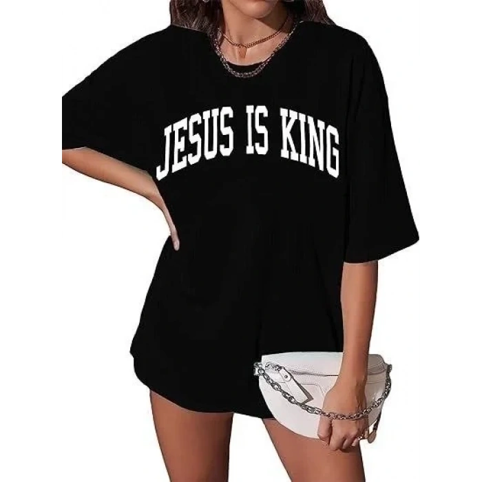 Kadın Baskılı T-Shirt Kısa Kol Bisiklet Yaka Oversize Rahat Kalıp Tişört - Siyah