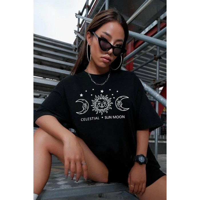 Kadın Baskılı T-Shirt Kısa Kol Bisiklet Yaka Oversize Rahat Kalıp Tişört - Siyah