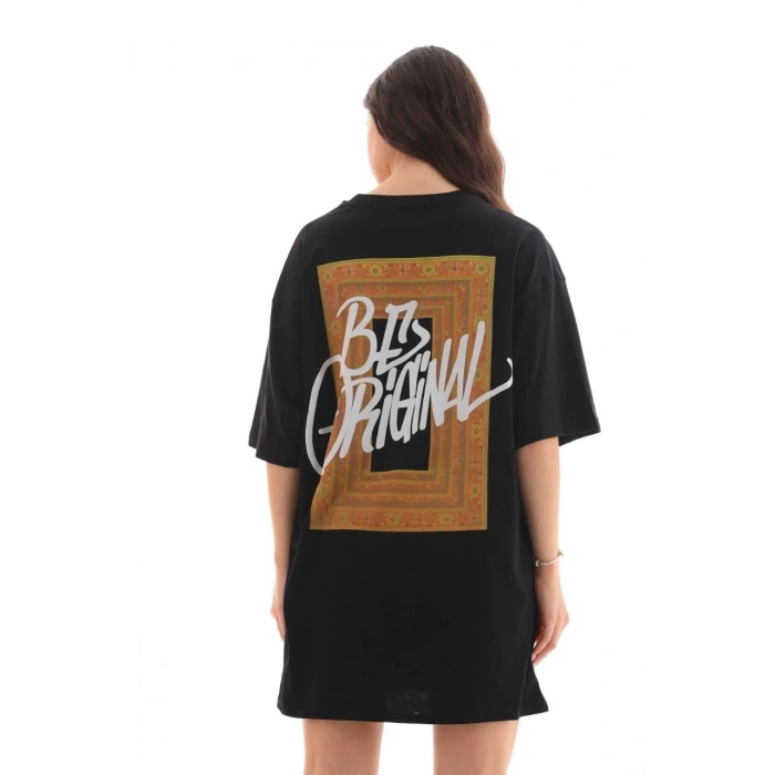 Kadın Baskılı T-Shirt Kısa Kol Bisiklet Yaka Oversize Rahat Kalıp Tişört - Siyah