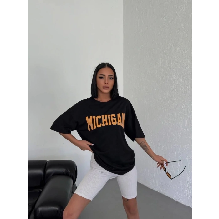 Kadın Baskılı T-Shirt Kısa Kol Bisiklet Yaka Oversize Tişört - Siyah