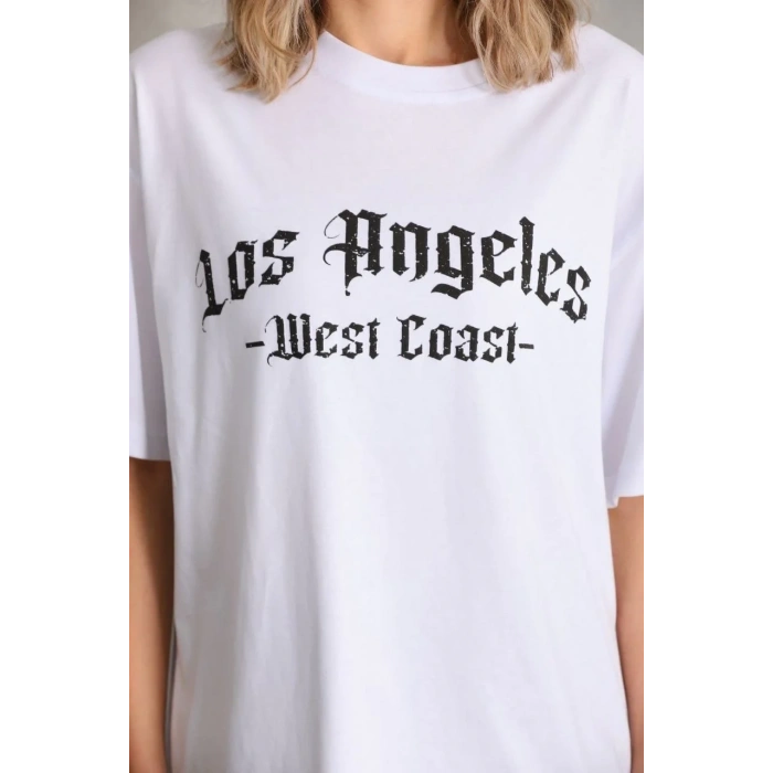 Kadın Baskılı Tişört Kısa Kol Bisiklet Yaka Oversize T-Shirt - Beyaz